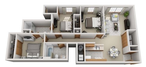 A 3D floor plan of a house showing the layout of the rooms.